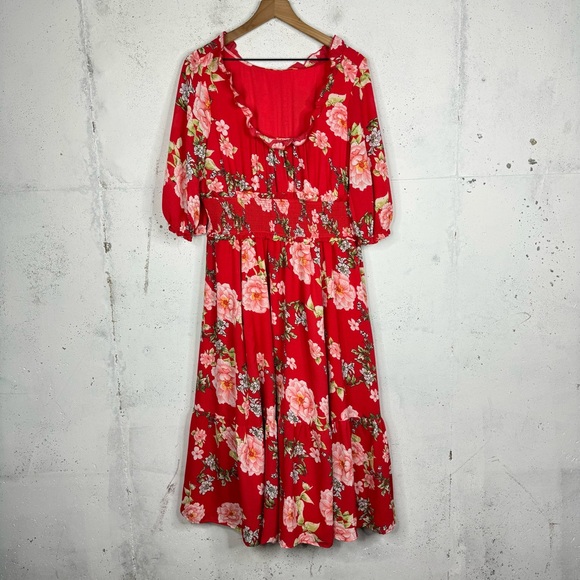 Wayward Fancies Eshakti Flora Print Ruched Half Sleeve Ruffle Trim Scoop Dress - Picture 2 of 11